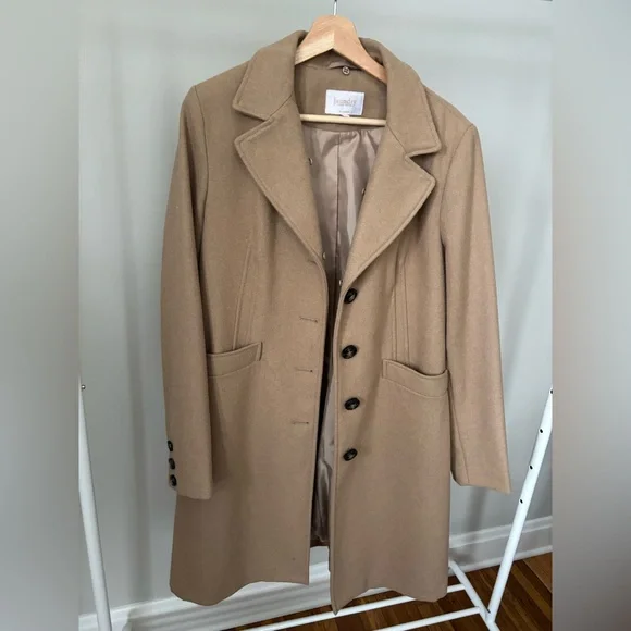 Laundry Camel Wool Blend long coat w/ detachable faux fur collar Sz Large - Picture 2 of 7